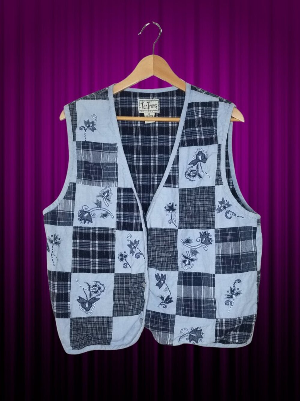TanTrums Patchwork Blue Vest - Plaid / Floral, Size 1X